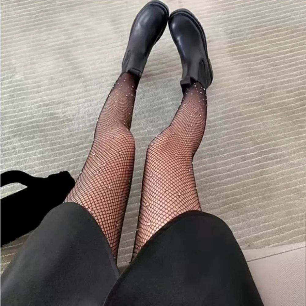 Black Semi Sheer Rhinestone Fishnet Tights